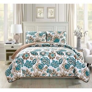 Teal Blue White Brown Floral 3 Piece Bedspread Quilt Coverlet Set Full/Queen